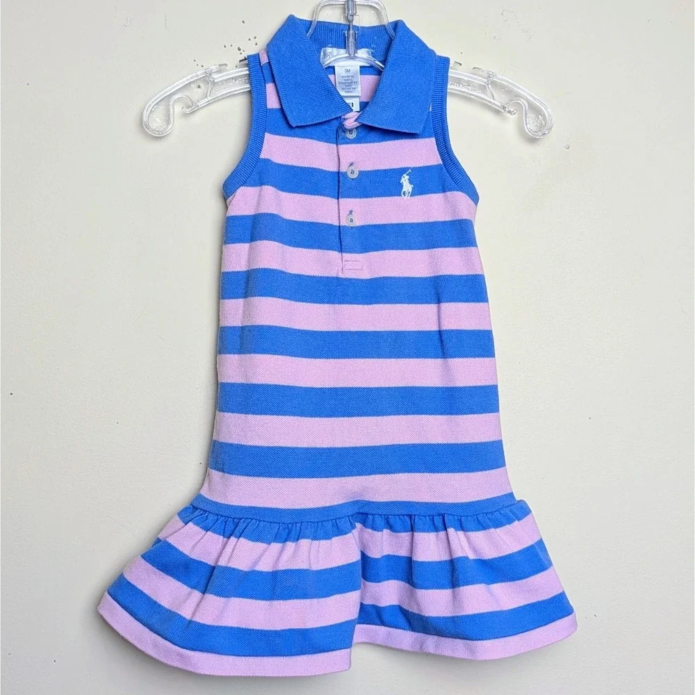 Polo Ralph Lauren‎ Pink Blue Striped Stretch Mesh Dress Baby Girls Size 9 Months